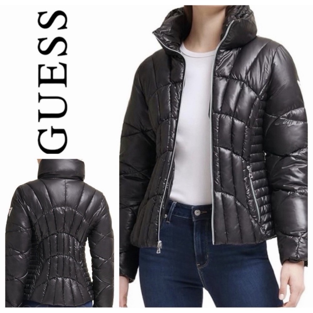 GUESS Shiny Womens Size L BLACK Quilted Full Zip Hooded Puffer Jacket